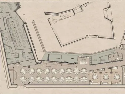 2D floor plan of a restaurant with multiple dining tables and chairs arranged in a dynamic layout