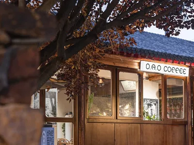 Warm and inviting Asian restaurant with wooden walls, a red roof, and a dining area with chairs and potted plants
