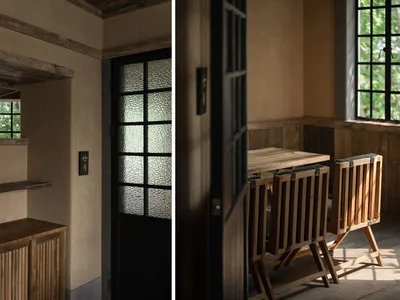 溫馨餐廳配木椅、餐桌，以及上方有玻璃窗的門廊