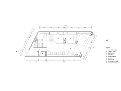 2D floor plan of a modern interior with kitchen, dining area, living room, and bedroom, featuring chairs, tables, and couches