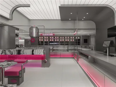 Empty modern restaurant interior with pink walls, chairs, and a welcoming atmosphere