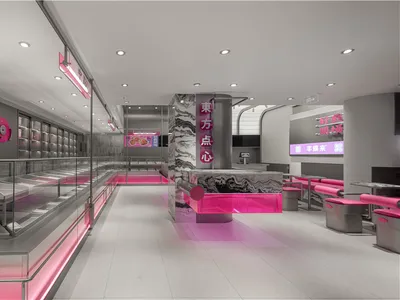 Modern restaurant with a pink and white color scheme, white tile flooring, and ample seating options
