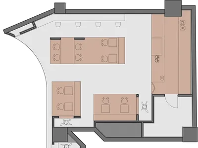 餐廳的2D平面圖，包含餐桌、椅子及標示尺寸與配置的標籤