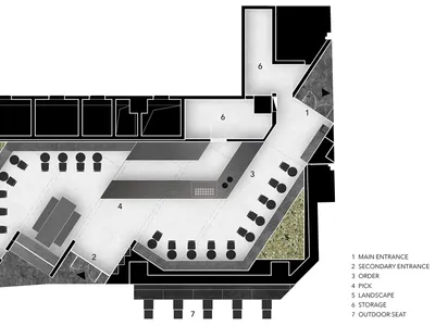 2D floor plan of a modern restaurant with a large dining area featuring multiple tables and benches, with linework and labels indicating measurements and layout