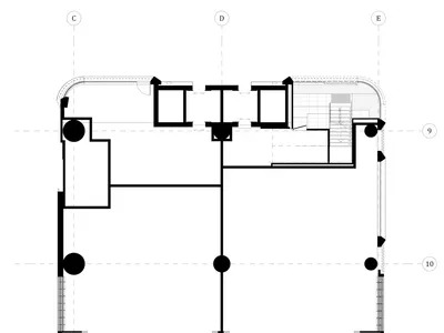 2D floor plan of a modern hotel with a staircase leading to different levels, clean lines, and minimalistic elements