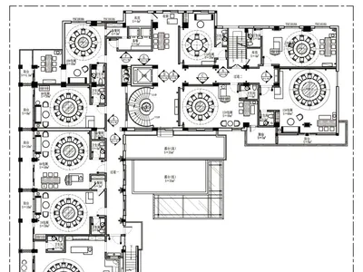 2D floor plan of a modern hotel with multiple rooms, kitchen area, and dining tables, featuring linework, labels, and measurements
