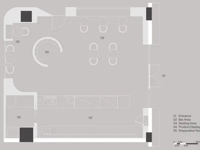 2D floor plan of a modern restaurant with various seating arrangements, chairs, and a dining table