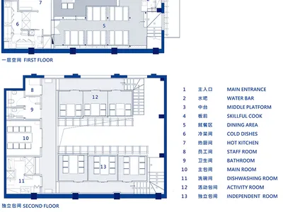 藍白配色現代飯店的 2D 平面圖，包含各式房間與設施