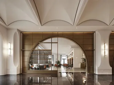 Elegant hotel lobby with a grand archway entrance, comfortable seating areas, and dining tables, set against a neutral background