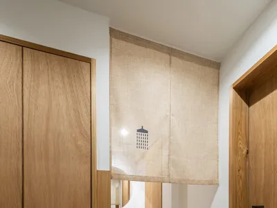 Bathroom with wooden cabinets, brown finish, two doors, and a shower curtain for privacy