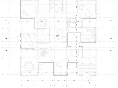 2D floor plan of a modern hotel with multiple rooms, clean lines, and minimalistic elements