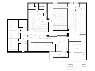 現代飯店的 2D 平面圖，包含餐廳區、廚房與多間臥室，具備線稿、標籤與尺寸標註