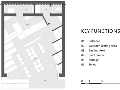 2D floor plan of a modern restaurant with various rooms, including a kitchen, dining area, and bar counter, featuring concrete, steel, and glass materials, with a focus on efficient use of space