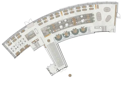 現代餐廳用餐區的 2D 平面圖，包含桌椅與盆栽