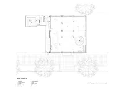 2D floor plan of a modern living area with kitchen, featuring walls, doors, windows, furniture, and appliances