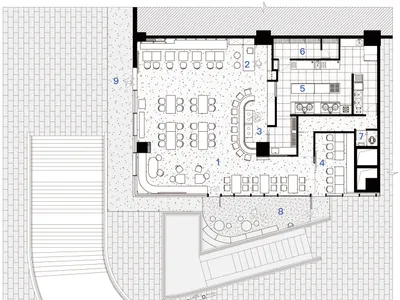 2D floor plan of a modern restaurant with multiple dining tables and chairs, well-lit with possible natural and artificial light sources