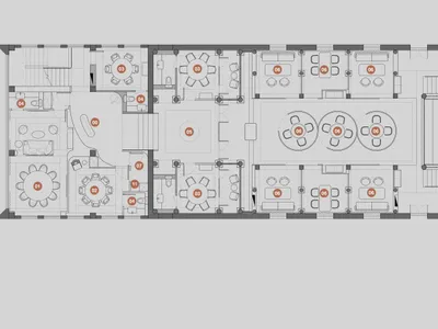 A modern hotel floor plan featuring multiple rooms connected by hallways, with a focus on functionality and comfort, using neutral colors and clean lines, and incorporating natural light through strategically placed windows