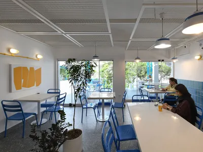 Modern restaurant interior with tables, chairs, and potted plants, featuring a warm and inviting atmosphere
