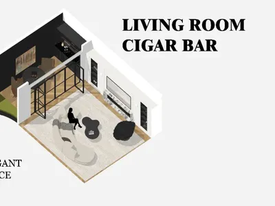 Modern living room with black and white color scheme, natural light, two couches, three chairs, and a mounted TV