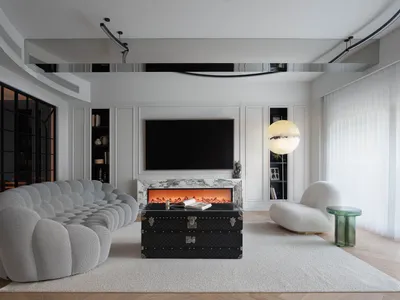 Cozy modern living space with a fireplace, comfortable seating, and white walls, surrounded by ample seating options