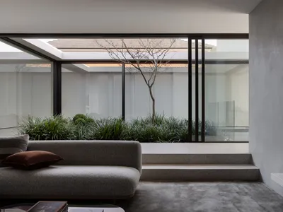 A bright and inviting living area with a gray couch, large windows, and potted plants