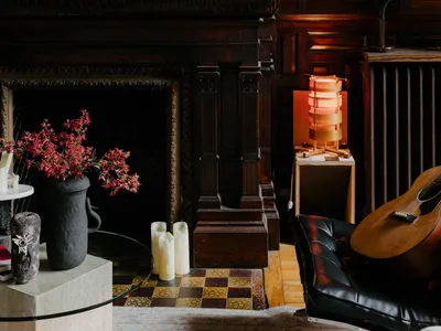 Cozy living room with a fireplace, bookshelves, vases, and potted plants, creating a warm and inviting atmosphere
