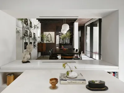 Elegant dining area with a large table, multiple chairs, kitchen area, potted plants, and decorative vases in a modern home