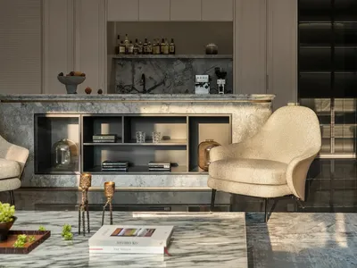 Cozy living room with a bar area, couch, chairs, and decorative items