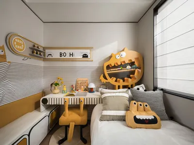 A child's bedroom with a bed, desk, and toys, featuring a cozy atmosphere and playful elements such as stuffed animals and a book on the desk