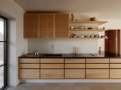 A modern kitchen with wooden cabinets, black countertops, a sink, dining table, and various kitchenware