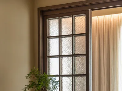 Cozy living space with a doorway, potted plants, and a vase, featuring a warm and inviting atmosphere