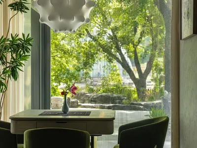 A cozy dining area with a wooden table and green cushioned chairs, natural light, and a potted plant near the window