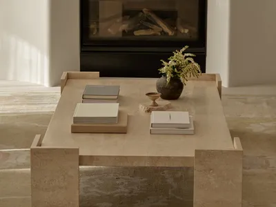 Cozy living area with a fireplace, table, and books, well-lit by natural sunlight