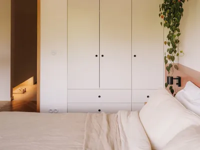 Cozy bedroom with a white bed, wooden headboard, two lamps, a closet, and a potted plant