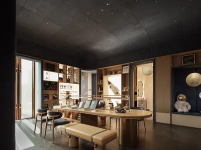 Cozy living space with a wooden floor, blue ceiling, and a large bookshelf, dining table, and bench, with several chairs and a teddy bear on the floor