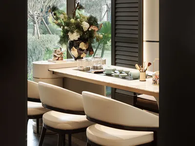 A dining room with a wooden table and chairs, a potted plant, and natural light from a window
