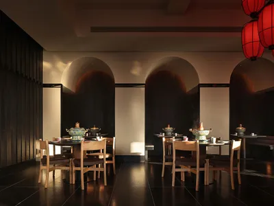 A modern restaurant with a dining area featuring a long table and chairs, and a kitchen with an oven and sink, set against a predominantly white background with dim lighting