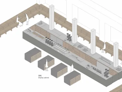 Detailed floor plan of a modern restaurant with a large dining area, kitchen, and high-quality materials