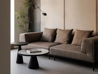 Cozy living room with a brown couch, a chair, and a potted plant, well-lit and inviting