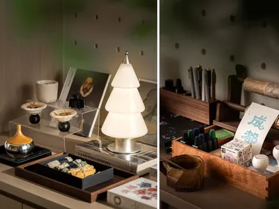 一間溫馨的生活空間，具有書桌和各種家具，具有溫暖的氛圍和多樣的質感和顏色