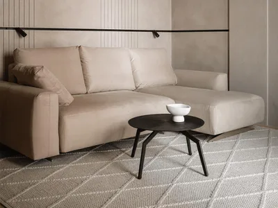 Cozy living room with a brown sofa, a black coffee table, and a white bowl, set in a dimly lit space