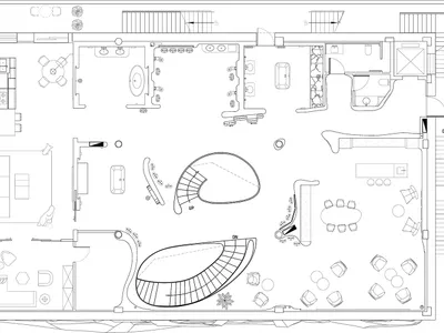 2D floor plan of a modern hotel with a lobby, dining area, and lounge, featuring a mix of materials and colors, with furniture and other elements placed strategically for comfort and convenience