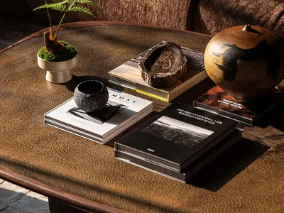 Cozy modern living space with a brown couch, a coffee table with books, a vase, and a bowl, and natural light from a window