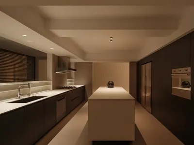 現代廚房有白色工作台、黑色電器和昏暗的氛圍，還有個骨骼裝飾
