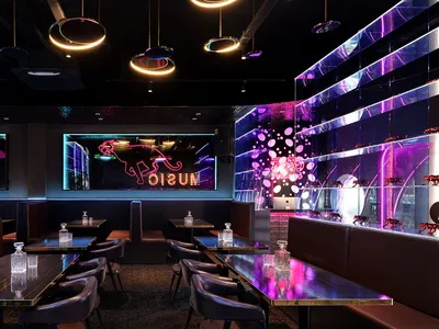 A modern restaurant interior with purple lighting, wood, and glass, featuring dining tables and chairs in a well-lit and inviting space