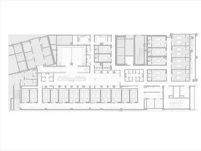 白色酒店樓層規劃圖，展示現代酒店的房間和連接，充足照明和組織，理想的空間利用