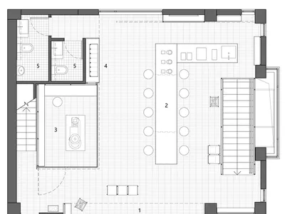 Black and white floor plan of a well-lit dining room with a table, chairs, sink, refrigerator, and microwave