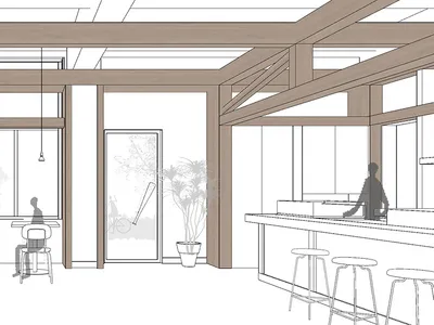 2D floor plan of a modern restaurant with wood and glass materials, featuring a dining area with tables and chairs, and natural lighting from windows