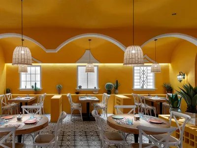 A modern restaurant with a warm yellow color scheme, featuring a dining area with tables and chairs, potted plants, and a welcoming atmosphere