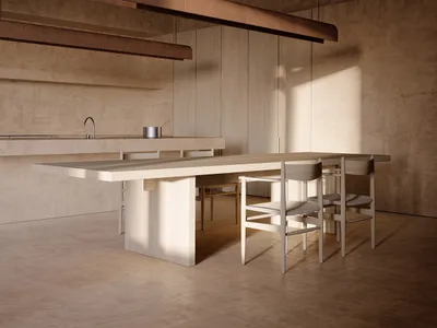 A modern kitchen with a wooden table and chairs, dim lighting, and a predominantly white space